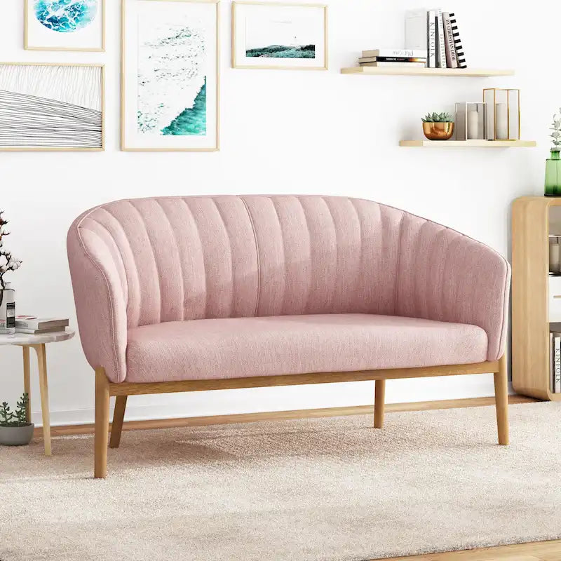Causeuse, style Mid-Century Modern, surpiqûres horizontales, dossier incurvé, revêtement en tissu, pieds évasés en bois, beige / anthracite / gris brumeux / sarcelle / rose clair, 2 places