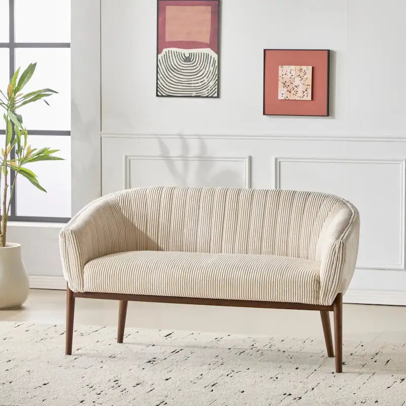 Causeuse, style Mid-Century Modern, surpiqûres horizontales, dossier incurvé, revêtement en tissu, pieds évasés en bois, beige / anthracite / gris brumeux / sarcelle / rose clair, 2 places