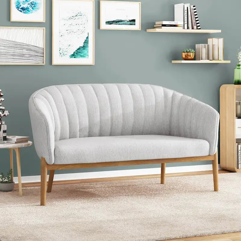 Causeuse, style Mid-Century Modern, surpiqûres horizontales, dossier incurvé, revêtement en tissu, pieds évasés en bois, beige / anthracite / gris brumeux / sarcelle / rose clair, 2 places
