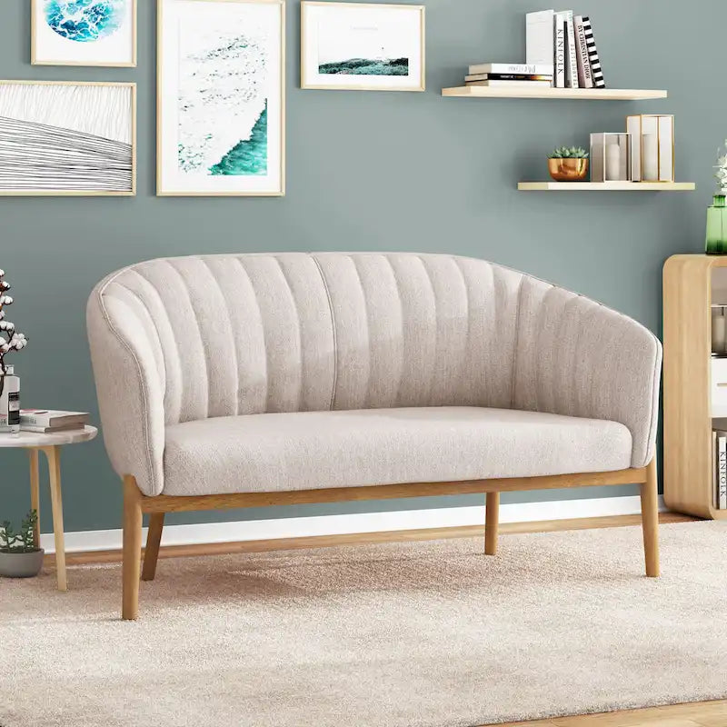 Causeuse, style Mid-Century Modern, surpiqûres horizontales, dossier incurvé, revêtement en tissu, pieds évasés en bois, beige / anthracite / gris brumeux / sarcelle / rose clair, 2 places