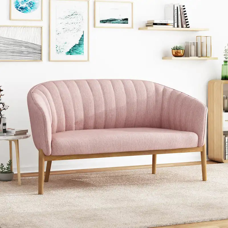 Causeuse, style Mid-Century Modern, surpiqûres horizontales, dossier incurvé, revêtement en tissu, pieds évasés en bois, beige / anthracite / gris brumeux / sarcelle / rose clair, 2 places