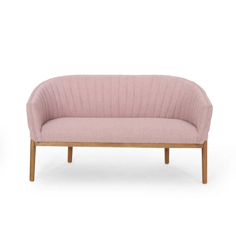 Causeuse, style Mid-Century Modern, surpiqûres horizontales, dossier incurvé, revêtement en tissu, pieds évasés en bois, beige / anthracite / gris brumeux / sarcelle / rose clair, 2 places