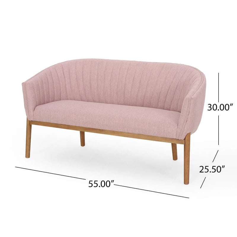 Causeuse, style Mid-Century Modern, surpiqûres horizontales, dossier incurvé, revêtement en tissu, pieds évasés en bois, beige / anthracite / gris brumeux / sarcelle / rose clair, 2 places