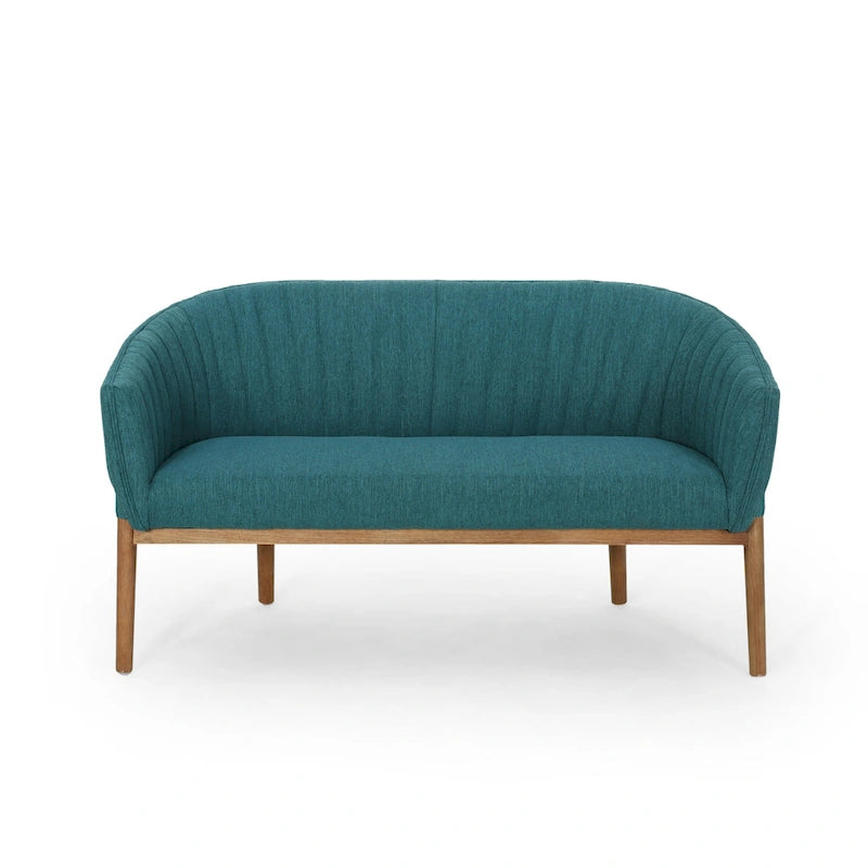 Causeuse, style Mid-Century Modern, surpiqûres horizontales, dossier incurvé, revêtement en tissu, pieds évasés en bois, beige / anthracite / gris brumeux / sarcelle / rose clair, 2 places