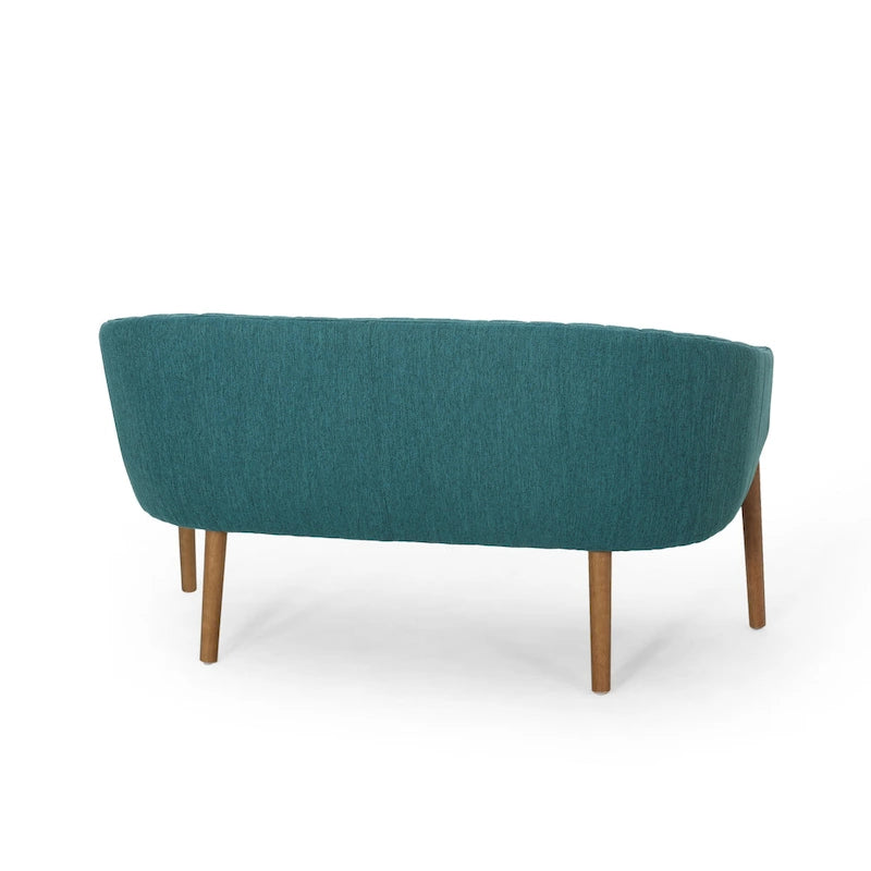 Causeuse, style Mid-Century Modern, surpiqûres horizontales, dossier incurvé, revêtement en tissu, pieds évasés en bois, beige / anthracite / gris brumeux / sarcelle / rose clair, 2 places