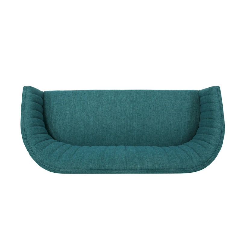 Causeuse, style Mid-Century Modern, surpiqûres horizontales, dossier incurvé, revêtement en tissu, pieds évasés en bois, beige / anthracite / gris brumeux / sarcelle / rose clair, 2 places