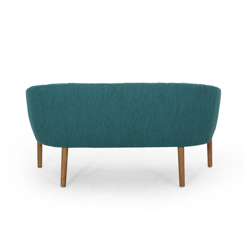 Causeuse, style Mid-Century Modern, surpiqûres horizontales, dossier incurvé, revêtement en tissu, pieds évasés en bois, beige / anthracite / gris brumeux / sarcelle / rose clair, 2 places
