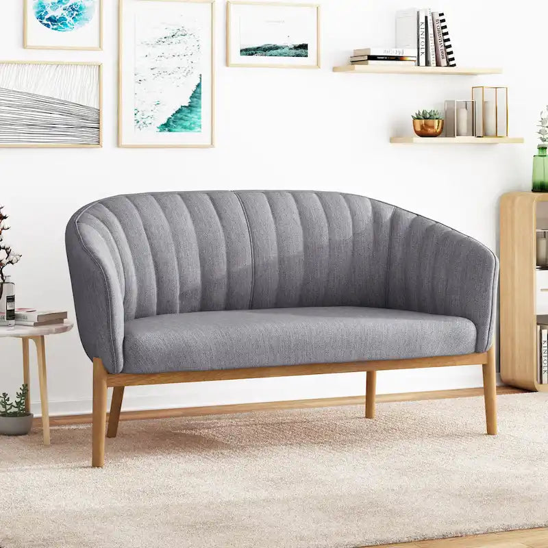 Causeuse, style Mid-Century Modern, surpiqûres horizontales, dossier incurvé, revêtement en tissu, pieds évasés en bois, beige / anthracite / gris brumeux / sarcelle / rose clair, 2 places