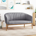 Causeuse, style Mid-Century Modern, surpiqûres horizontales, dossier incurvé, revêtement en tissu, pieds évasés en bois, beige / anthracite / gris brumeux / sarcelle / rose clair, 2 places
