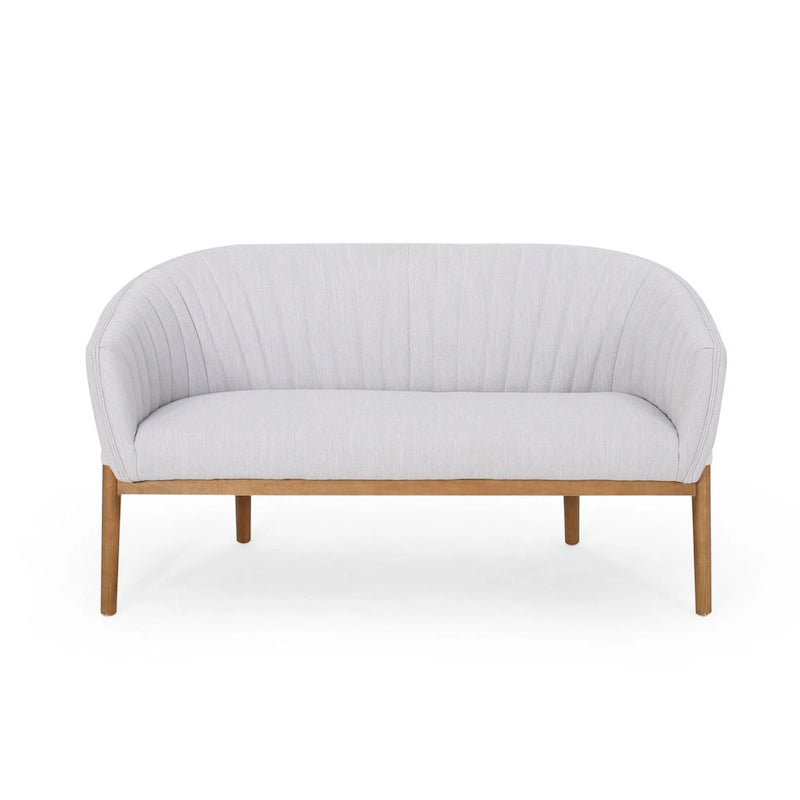 Causeuse, style Mid-Century Modern, surpiqûres horizontales, dossier incurvé, revêtement en tissu, pieds évasés en bois, beige / anthracite / gris brumeux / sarcelle / rose clair, 2 places