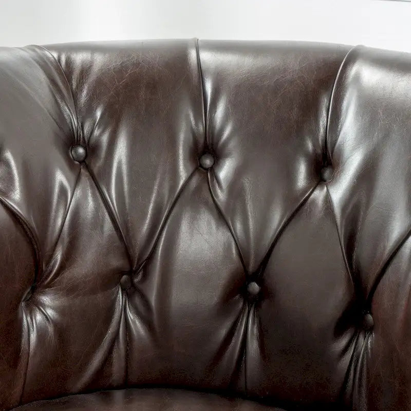 Fauteuil Club, Dossier Haut, Dossier Capitonnée, Accoudoirs Cloutés, Cuir Collé, Structure en Bois de Bouleau, Marron, Utilisation par 1 Personne