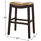 Tabouret de bar de 66 cm de haut, assise en forme de selle, similicuir, détails cloutés, bois massif, repose-pieds en métal, expresso et tan, usage individuel