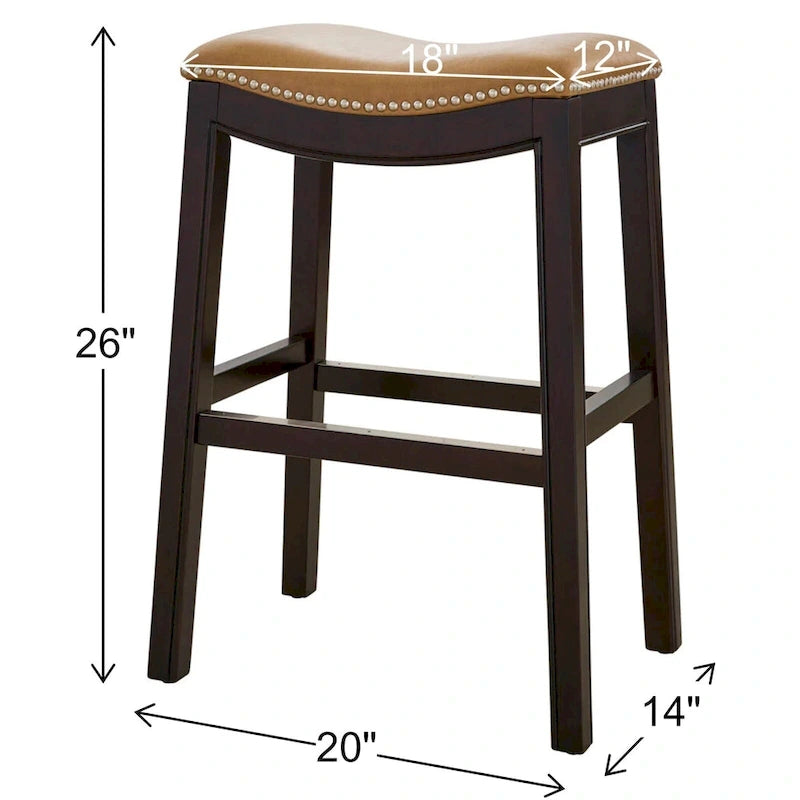 Tabouret de bar de 66 cm de haut, assise en forme de selle, similicuir, détails cloutés, bois massif, repose-pieds en métal, expresso et tan, usage individuel