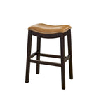 Tabouret de bar de 66 cm de haut, assise en forme de selle, similicuir, détails cloutés, bois massif, repose-pieds en métal, expresso et tan, usage individuel