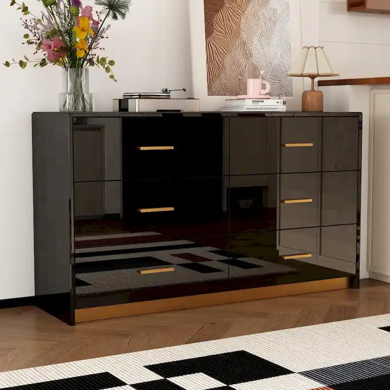 Commode double 6 tiroirs, finition très lustrée, poignées et base dorées, glissières de tiroir en métal, dispositif anti-basculement, noire, usage par 1 personne
