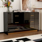 Commode double 6 tiroirs, finition très lustrée, poignées et base dorées, glissières de tiroir en métal, dispositif anti-basculement, noire, usage par 1 personne