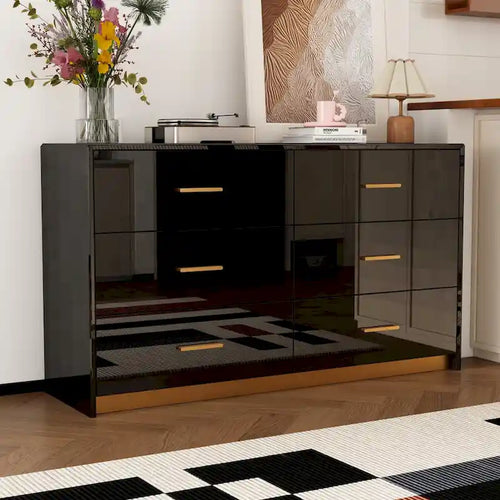 Commode double 6 tiroirs, finition très lustrée, poignées et base dorées, glissières de tiroir en métal, dispositif anti-basculement, noire, usage par 1 personne