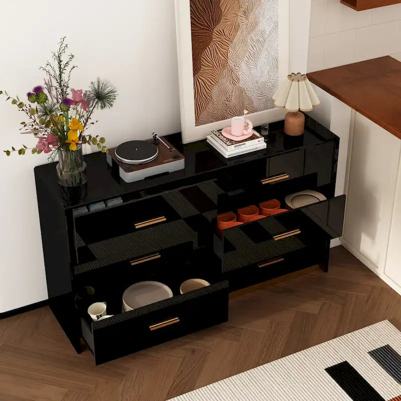 Commode double 6 tiroirs, finition très lustrée, poignées et base dorées, glissières de tiroir en métal, dispositif anti-basculement, noire, usage par 1 personne