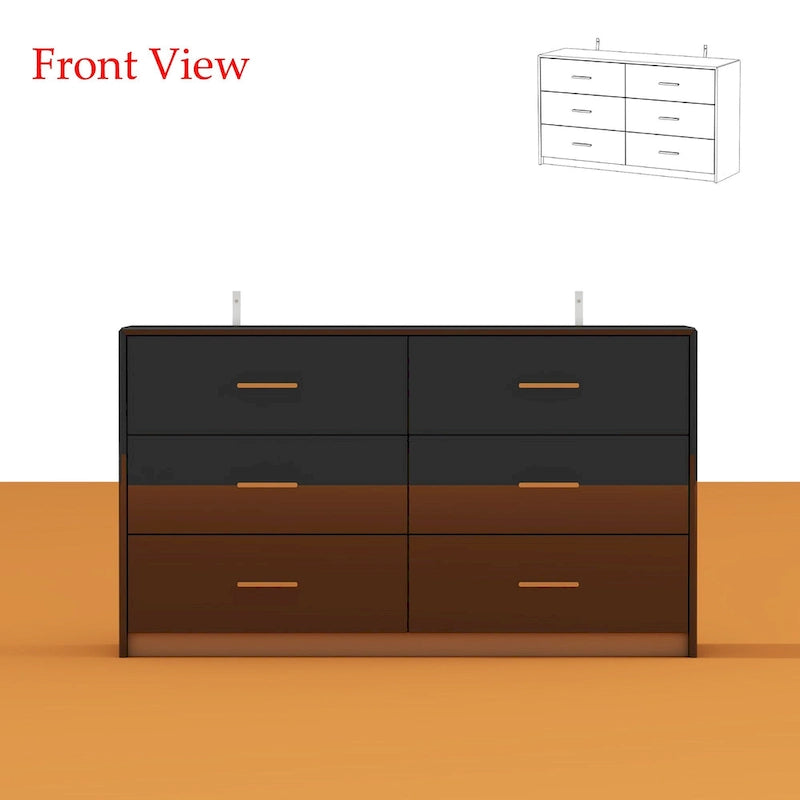 Commode double 6 tiroirs, finition très lustrée, poignées et base dorées, glissières de tiroir en métal, dispositif anti-basculement, noire, usage par 1 personne