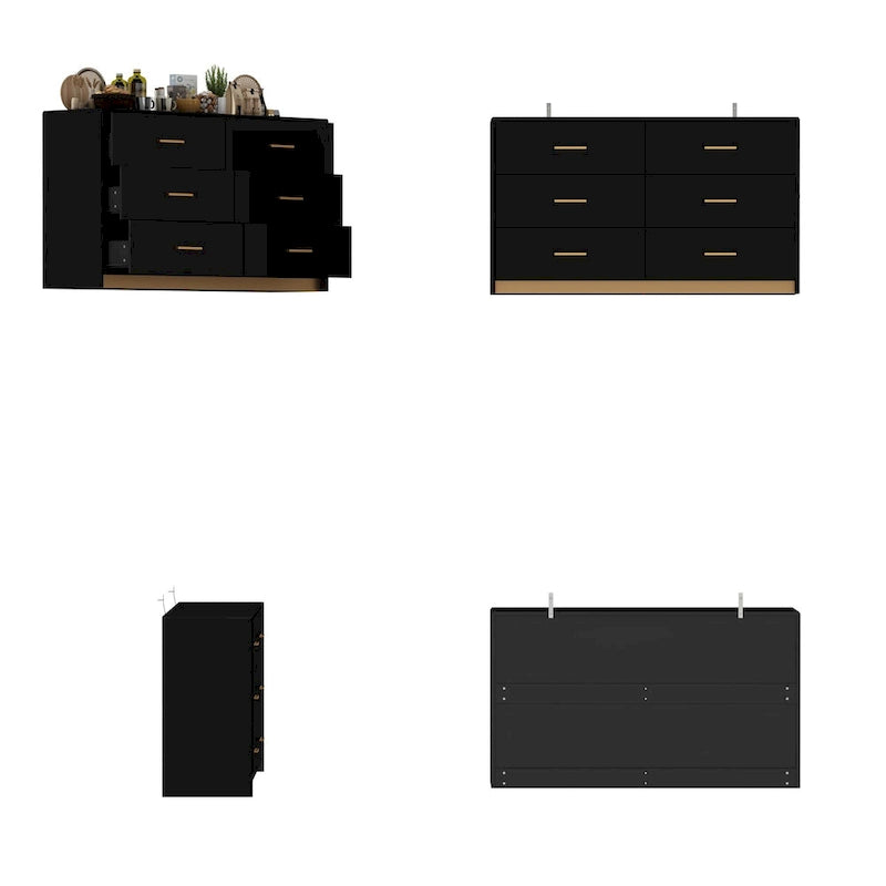 Commode double 6 tiroirs, finition très lustrée, poignées et base dorées, glissières de tiroir en métal, dispositif anti-basculement, noire, usage par 1 personne