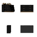 Commode double 6 tiroirs, finition très lustrée, poignées et base dorées, glissières de tiroir en métal, dispositif anti-basculement, noire, usage par 1 personne