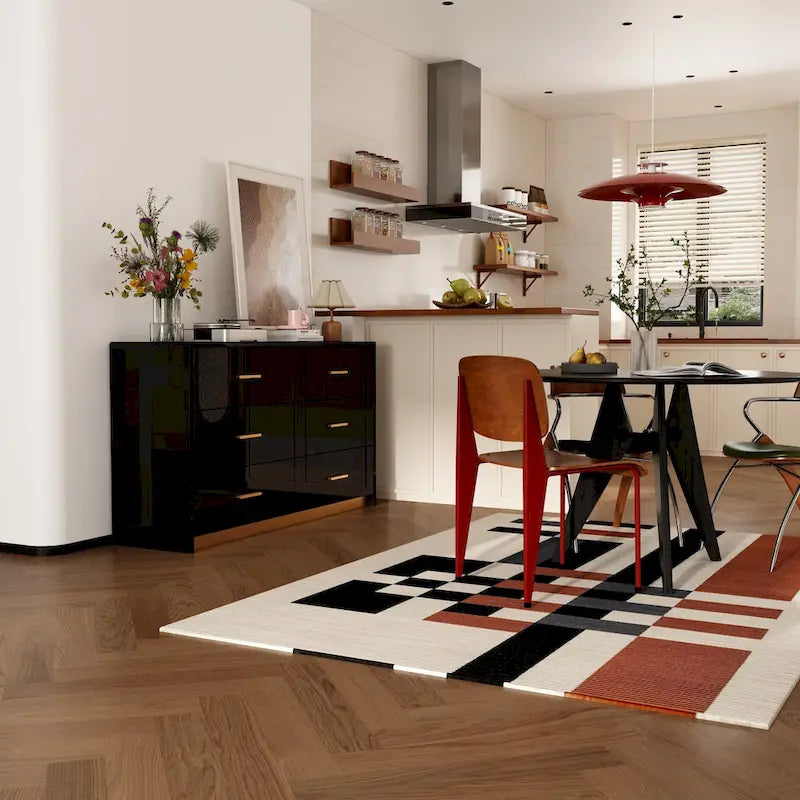 Commode double 6 tiroirs, finition très lustrée, poignées et base dorées, glissières de tiroir en métal, dispositif anti-basculement, noire, usage par 1 personne