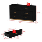 Commode double 6 tiroirs, finition très lustrée, poignées et base dorées, glissières de tiroir en métal, dispositif anti-basculement, noire, usage par 1 personne