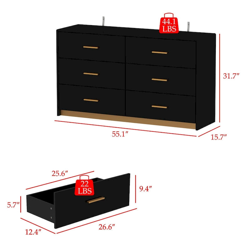 Commode double 6 tiroirs, finition très lustrée, poignées et base dorées, glissières de tiroir en métal, dispositif anti-basculement, noire, usage par 1 personne