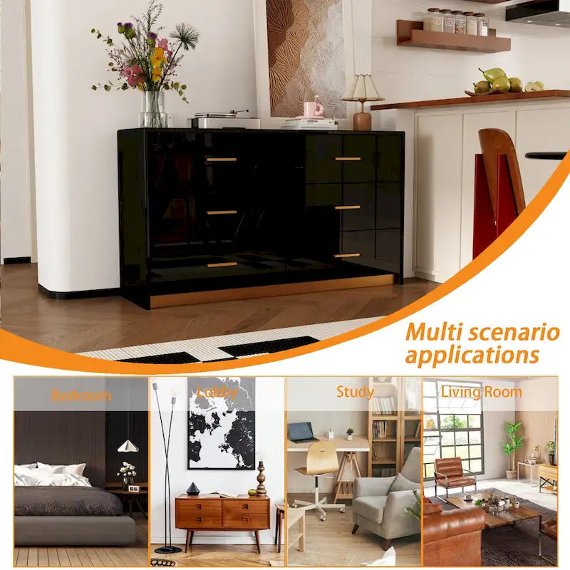 Commode double 6 tiroirs, finition très lustrée, poignées et base dorées, glissières de tiroir en métal, dispositif anti-basculement, noire, usage par 1 personne