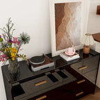 Commode double 6 tiroirs, finition très lustrée, poignées et base dorées, glissières de tiroir en métal, dispositif anti-basculement, noire, usage par 1 personne