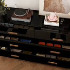 Commode double 6 tiroirs, finition très lustrée, poignées et base dorées, glissières de tiroir en métal, dispositif anti-basculement, noire, usage par 1 personne