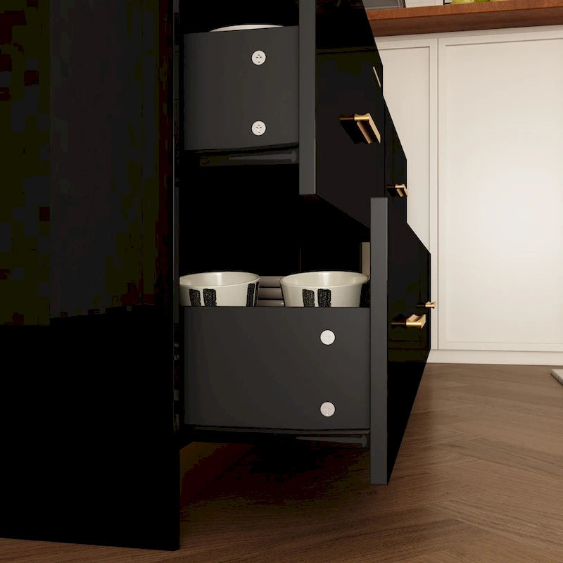 Commode double 6 tiroirs, finition très lustrée, poignées et base dorées, glissières de tiroir en métal, dispositif anti-basculement, noire, usage par 1 personne