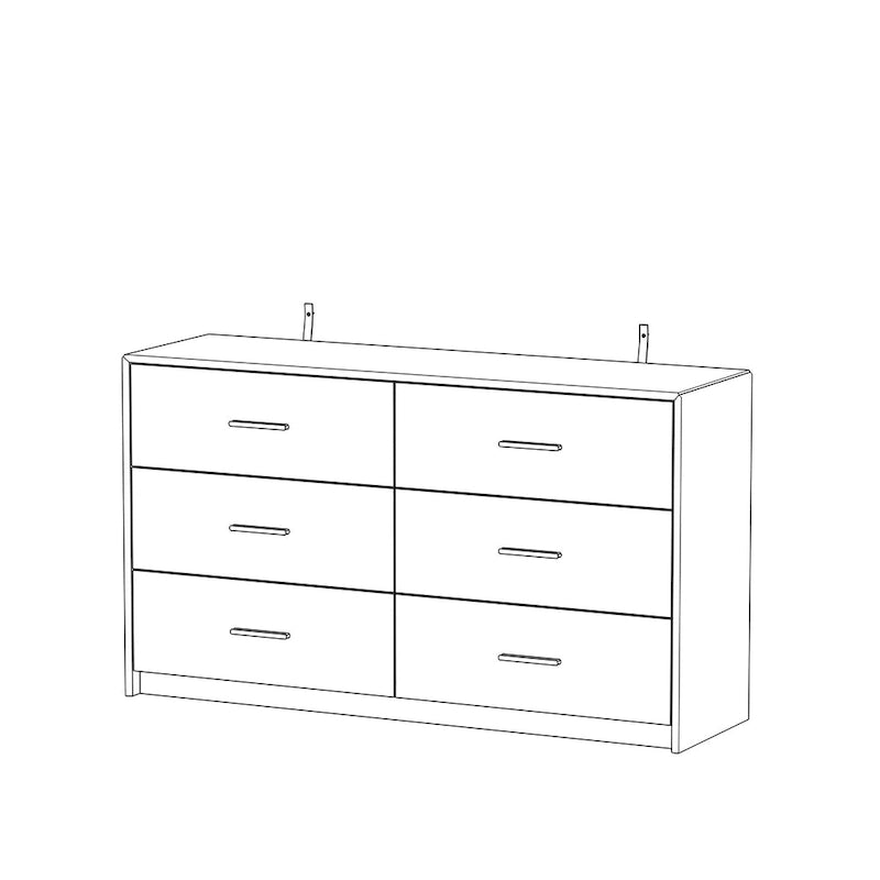 Commode double 6 tiroirs, finition très lustrée, poignées et base dorées, glissières de tiroir en métal, dispositif anti-basculement, noire, usage par 1 personne