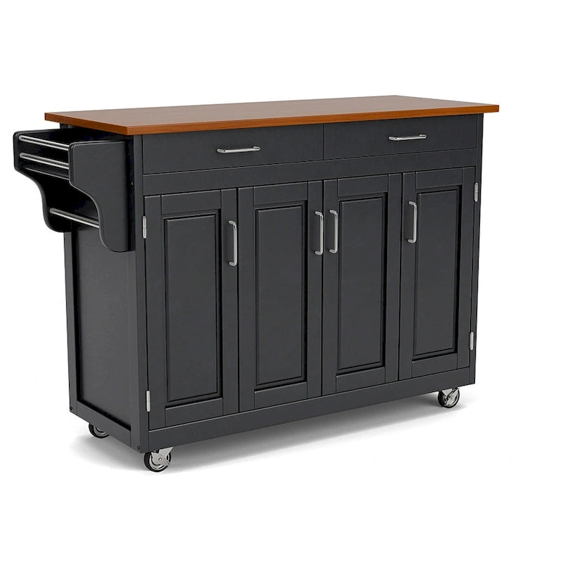 Chariot de cuisine, 4 portes d'armoire, dessus en bois de chêne, étagère à épices, porte-serviettes, roulettes verrouillables, bois massif, noir, utilisation par 1 personne