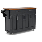 Chariot de cuisine, 4 portes d'armoire, dessus en bois de chêne, étagère à épices, porte-serviettes, roulettes verrouillables, bois massif, noir, utilisation par 1 personne