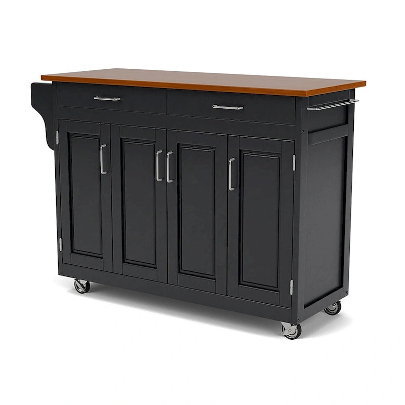 Chariot de cuisine, 4 portes d'armoire, dessus en bois de chêne, étagère à épices, porte-serviettes, roulettes verrouillables, bois massif, noir, utilisation par 1 personne
