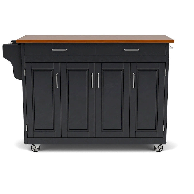 Chariot de cuisine, 4 portes d'armoire, dessus en bois de chêne, étagère à épices, porte-serviettes, roulettes verrouillables, bois massif, noir, utilisation par 1 personne