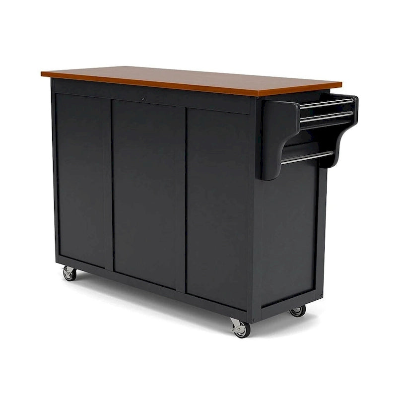 Chariot de cuisine, 4 portes d'armoire, dessus en bois de chêne, étagère à épices, porte-serviettes, roulettes verrouillables, bois massif, noir, utilisation par 1 personne