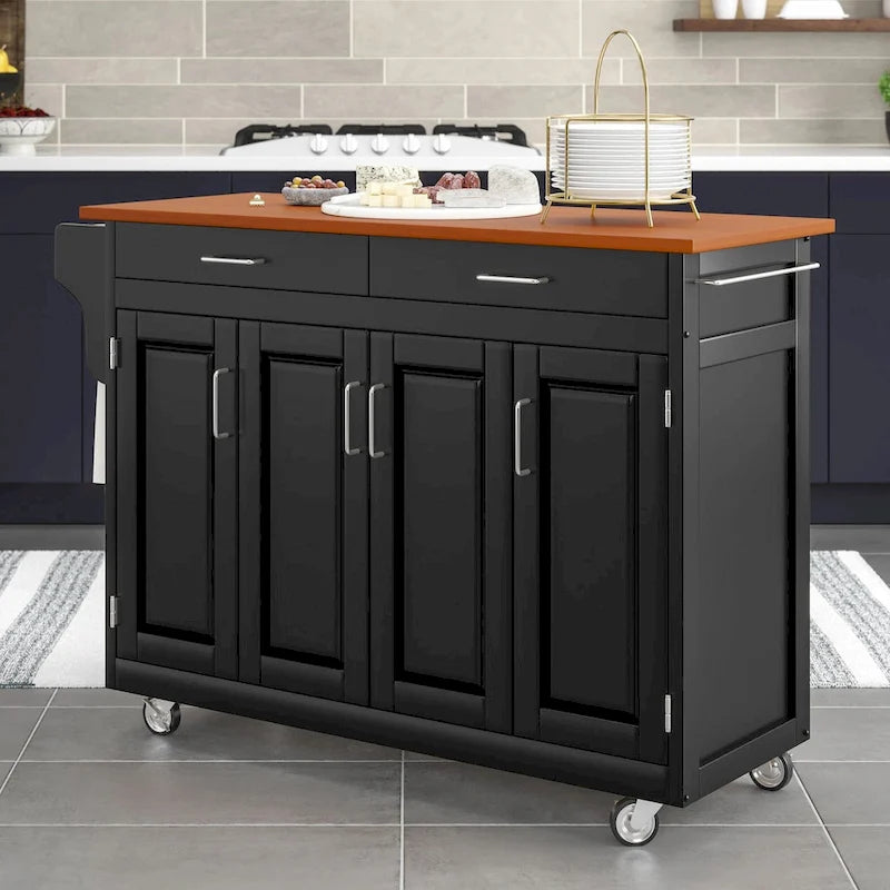 Chariot de cuisine, 4 portes d'armoire, dessus en bois de chêne, étagère à épices, porte-serviettes, roulettes verrouillables, bois massif, noir, utilisation par 1 personne
