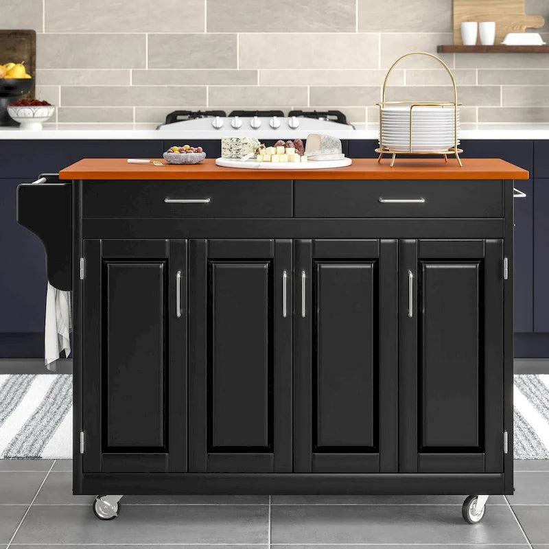 Chariot de cuisine, 4 portes d'armoire, dessus en bois de chêne, étagère à épices, porte-serviettes, roulettes verrouillables, bois massif, noir, utilisation par 1 personne