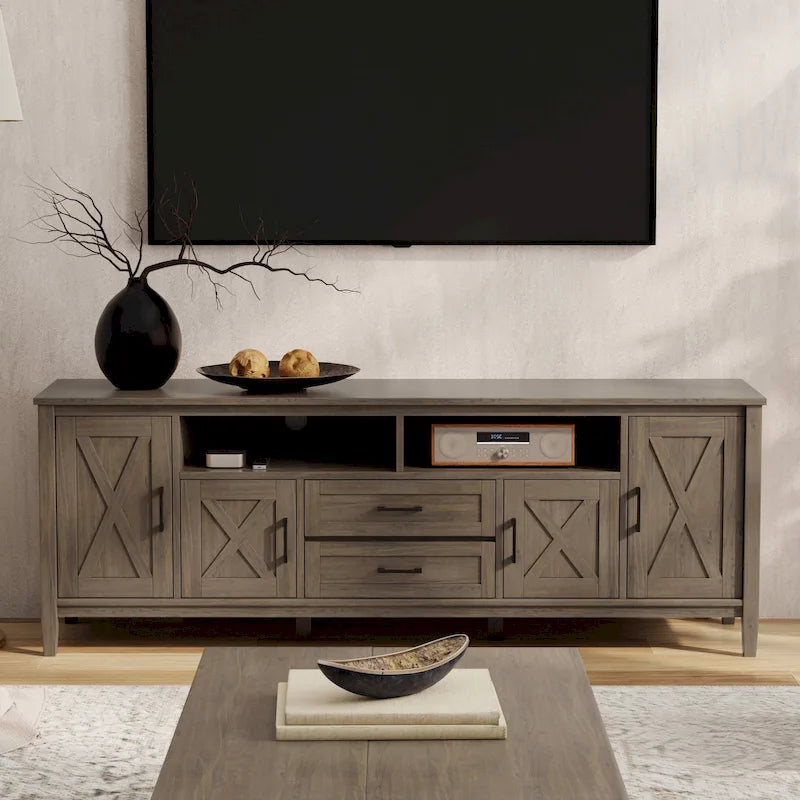 Meuble TV 183 cm, en bois massif, style transitionnel, 2 armoires latérales, 2 tiroirs, portes shaker, convient aux téléviseurs jusqu'à 203 cm, marron fumé, 1 personne requise au montage