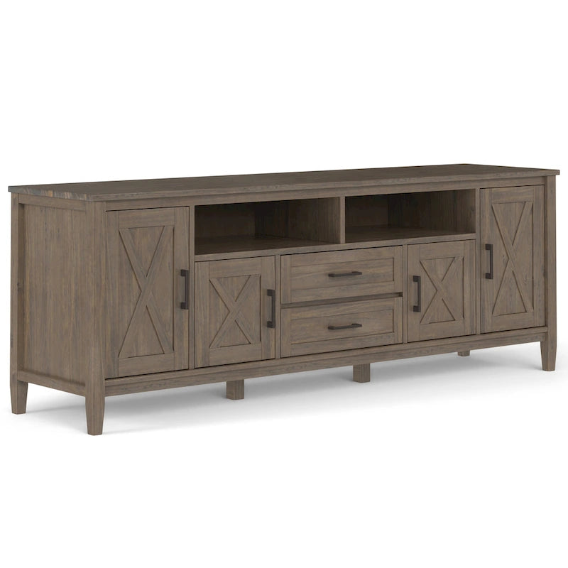 Meuble TV 183 cm, en bois massif, style transitionnel, 2 armoires latérales, 2 tiroirs, portes shaker, convient aux téléviseurs jusqu'à 203 cm, marron fumé, 1 personne requise au montage