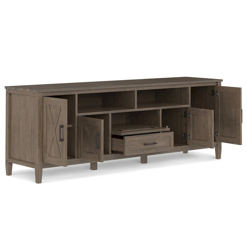 Meuble TV 183 cm, en bois massif, style transitionnel, 2 armoires latérales, 2 tiroirs, portes shaker, convient aux téléviseurs jusqu'à 203 cm, marron fumé, 1 personne requise au montage