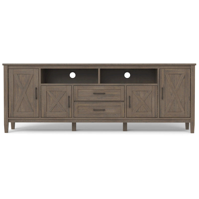 Meuble TV 183 cm, en bois massif, style transitionnel, 2 armoires latérales, 2 tiroirs, portes shaker, convient aux téléviseurs jusqu'à 203 cm, marron fumé, 1 personne requise au montage