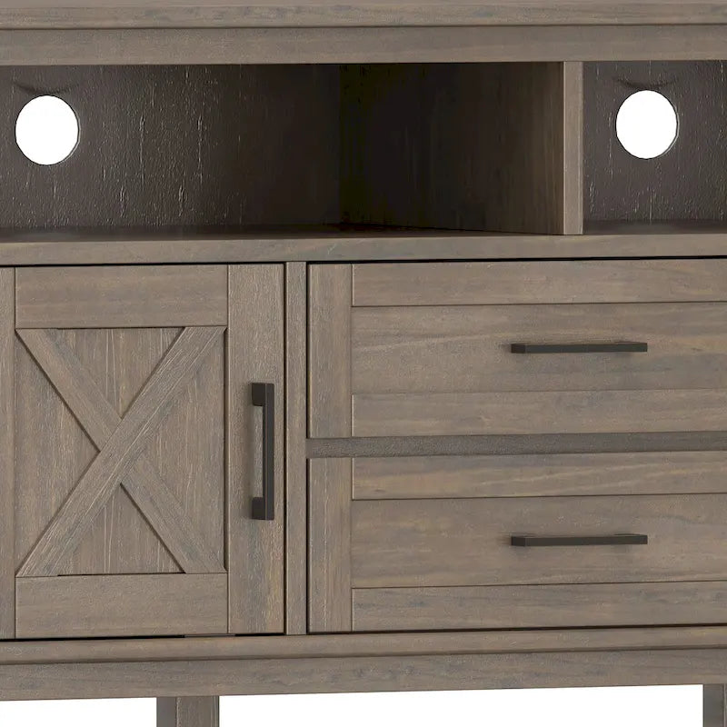Meuble TV 183 cm, en bois massif, style transitionnel, 2 armoires latérales, 2 tiroirs, portes shaker, convient aux téléviseurs jusqu'à 203 cm, marron fumé, 1 personne requise au montage