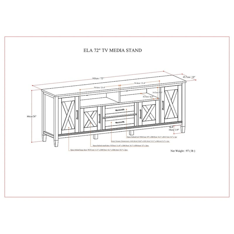 Meuble TV 183 cm, en bois massif, style transitionnel, 2 armoires latérales, 2 tiroirs, portes shaker, convient aux téléviseurs jusqu'à 203 cm, marron fumé, 1 personne requise au montage