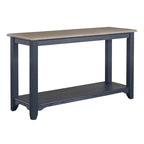 Console, plateau gris brossé, étagère inférieure, pieds fuselés, en hévéa et pin, bleu marine/blanc, 1 personne