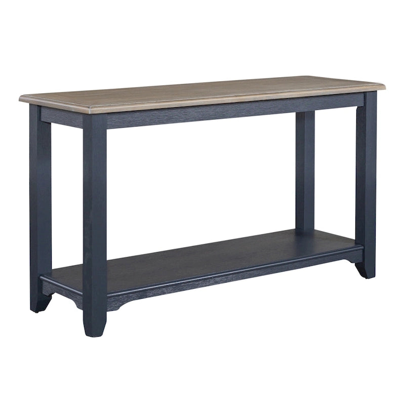 Console, plateau gris brossé, étagère inférieure, pieds fuselés, en hévéa et pin, bleu marine/blanc, 1 personne