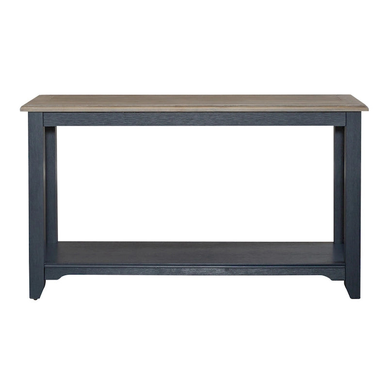 Console, plateau gris brossé, étagère inférieure, pieds fuselés, en hévéa et pin, bleu marine/blanc, 1 personne
