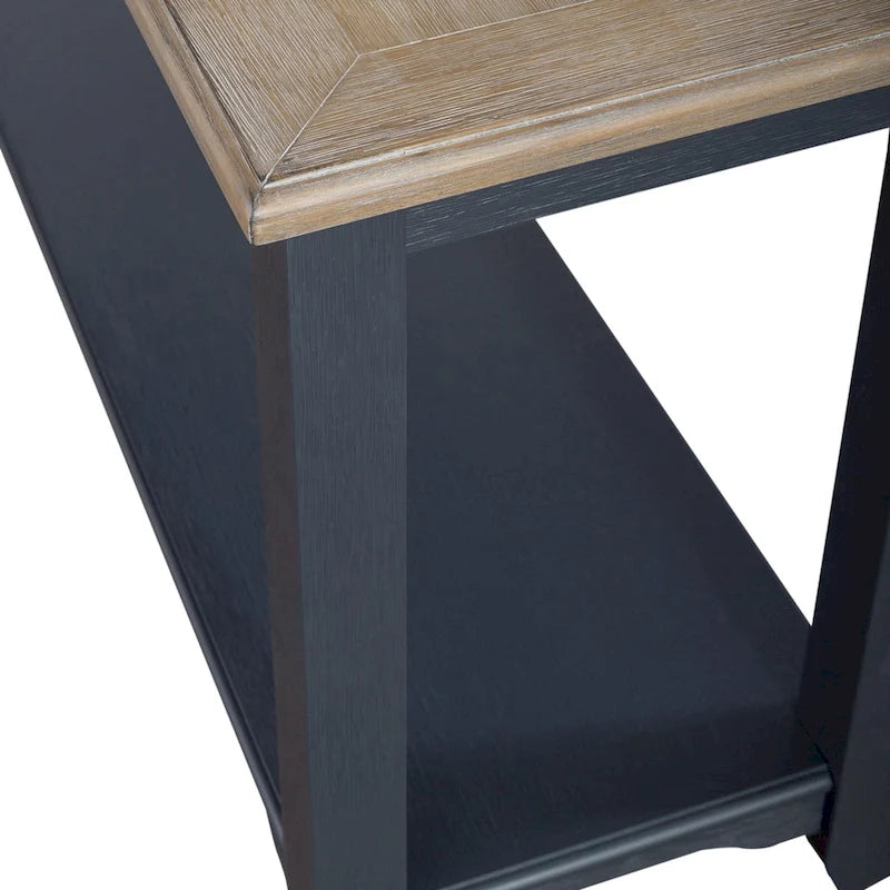 Console, plateau gris brossé, étagère inférieure, pieds fuselés, en hévéa et pin, bleu marine/blanc, 1 personne